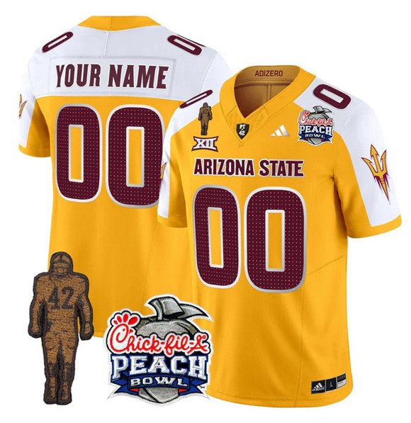 Men's Arizona State Sun Devils Active Player Custom Gold/White 2025 F.U.S.E. Pat Tillman & Peach Bowl Patch Vapor Limited Stitched Jersey